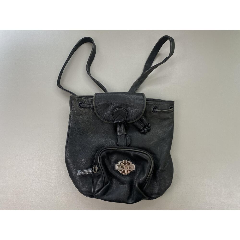 Harley-Davidson Leather Backpack Purse Small Black Logo Biker Vintage Y2K Moto